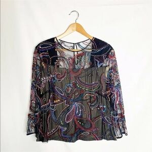 Naeem Khan Beaded Sequin Top Black Paisley Small